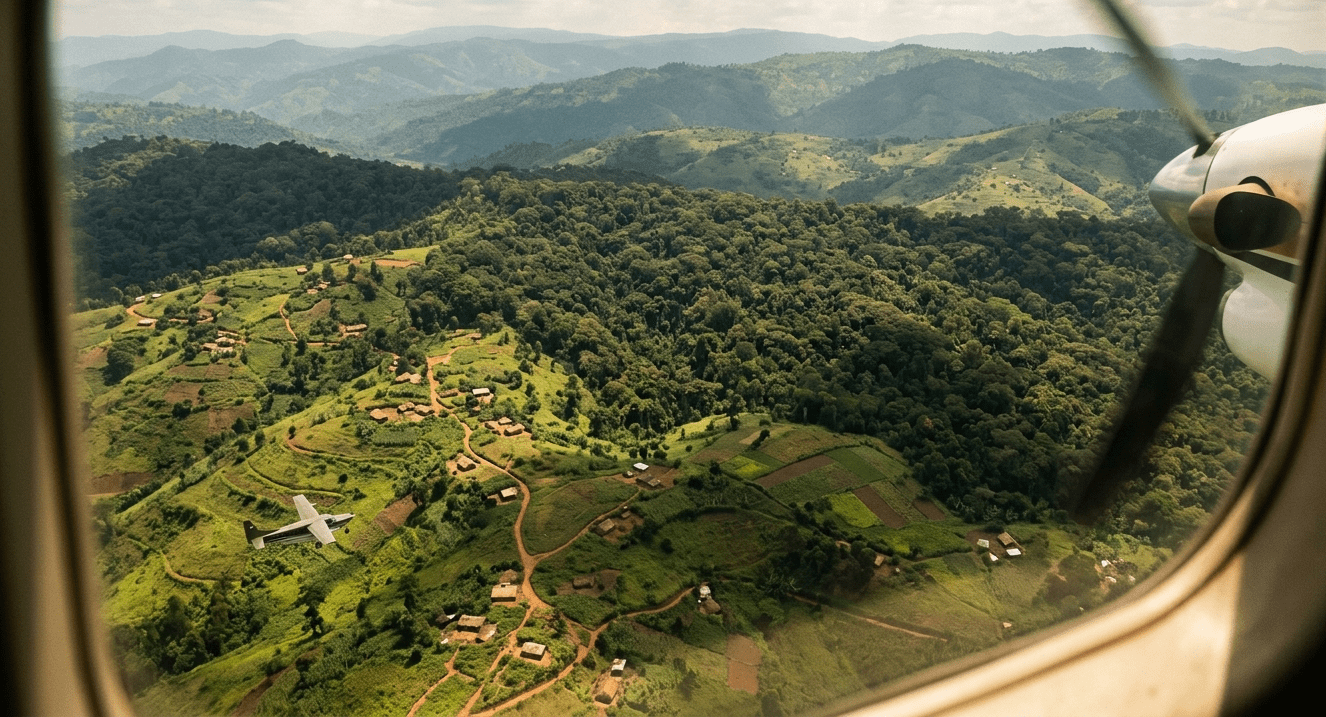 Aerial view from a plane window showing a small domestic aircraft flying over the lush green forests, rolling hills, and rural homesteads of Bwindi, Uganda.