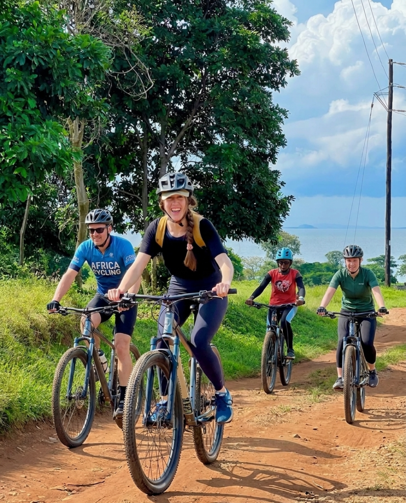 Group of tourists cycling in Entebbe