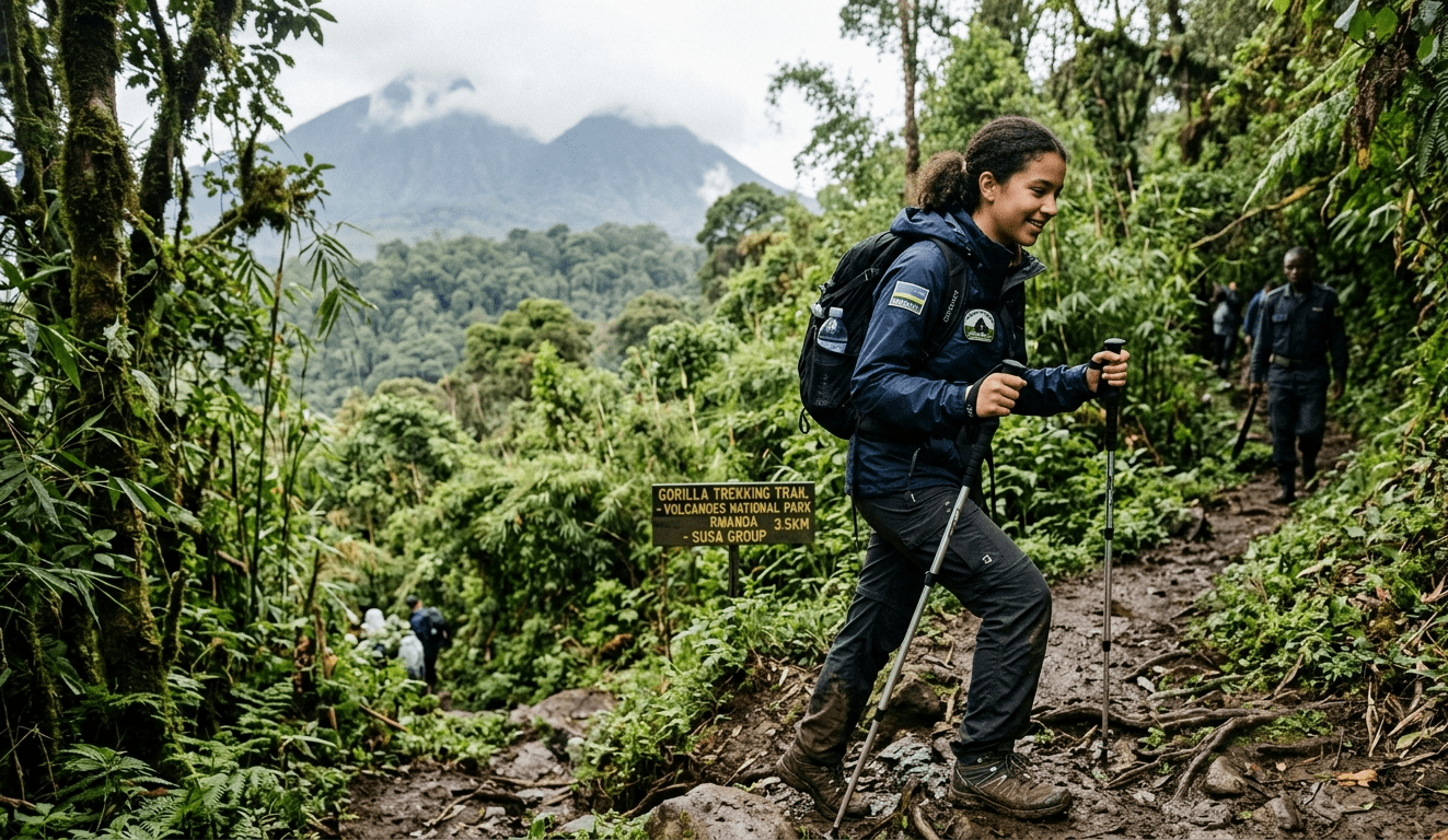 teenager hiking on gorilla trekking trail Rwanda Volcanoes National Park