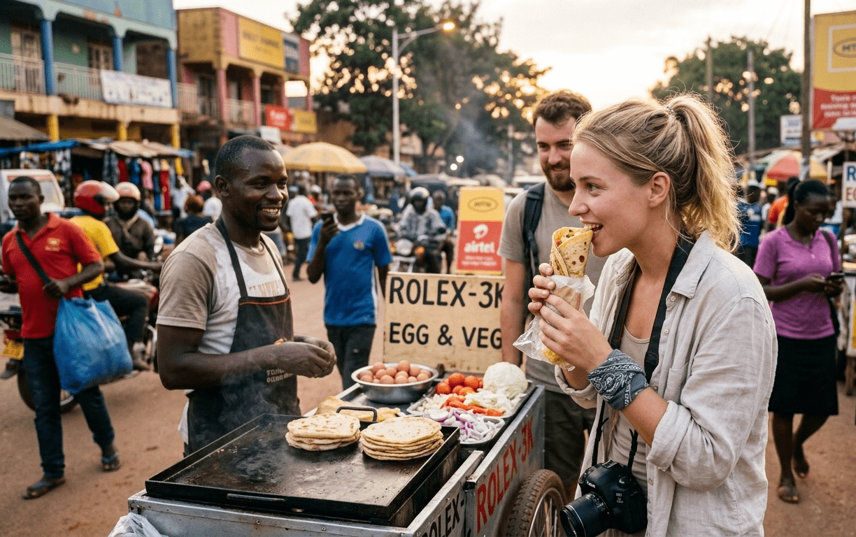 Tourists enjoying Rolex, Uganda's iconic street food