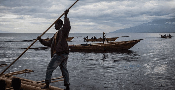 a fisher man spotted on the shores of lake tanganyika in burundi