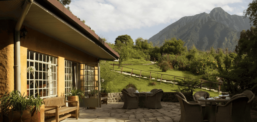 uxury lodge exterior with Virunga volcano views